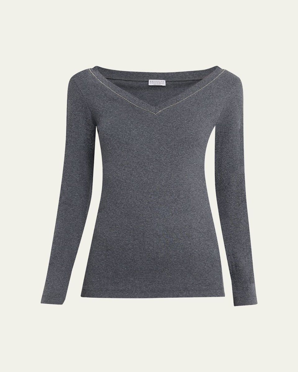 Monili V-Neck Long-Sleeve Cotton Rib Top